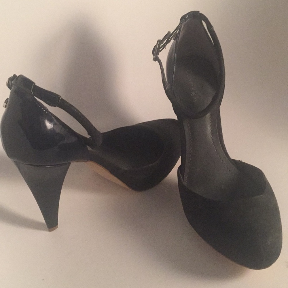 CALVIN KLEIN SUEDE n PATENT ANKLE STRAP PLATFORMS